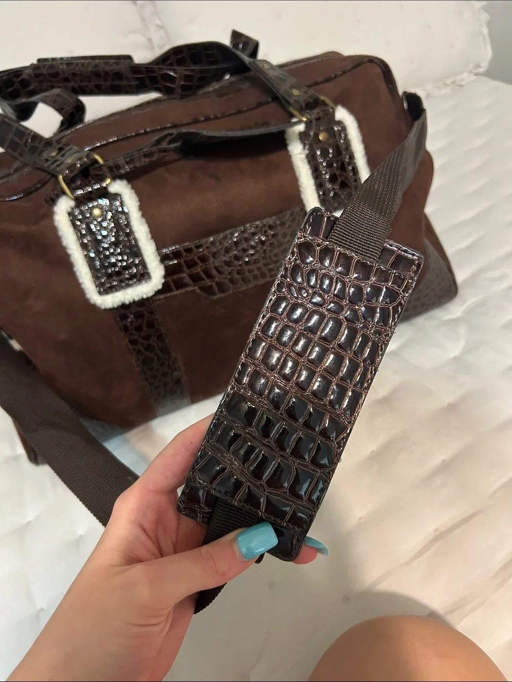 Bath & Body Works Brown Suede Duffel Bag with Croc Trim and White Fur — OS